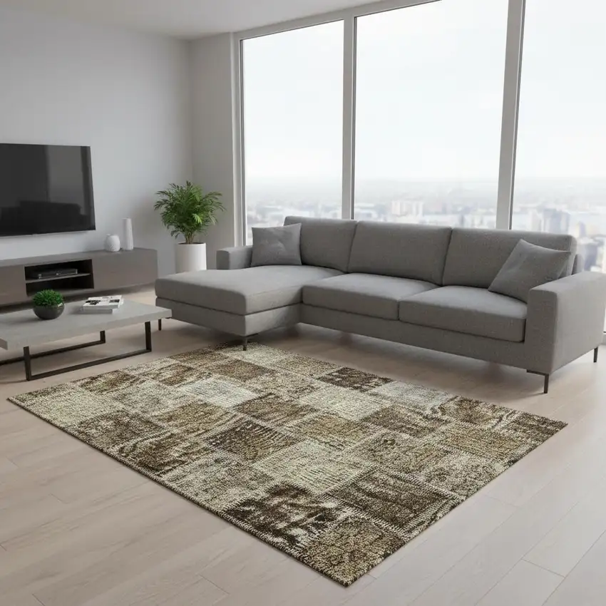 Brown And Beige Patchwork Washable Area Rug With UV Protection Photo 2