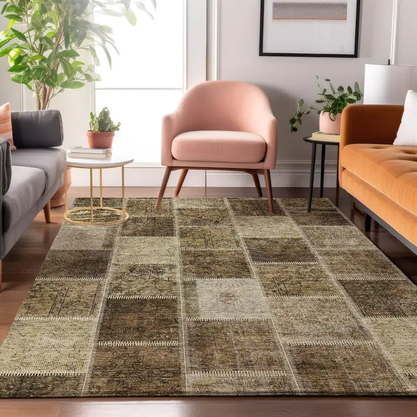 Brown And Beige Patchwork Washable Area Rug With UV Protection Photo 4