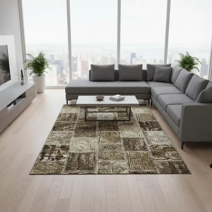 Brown And Beige Patchwork Washable Area Rug With UV Protection Photo 2