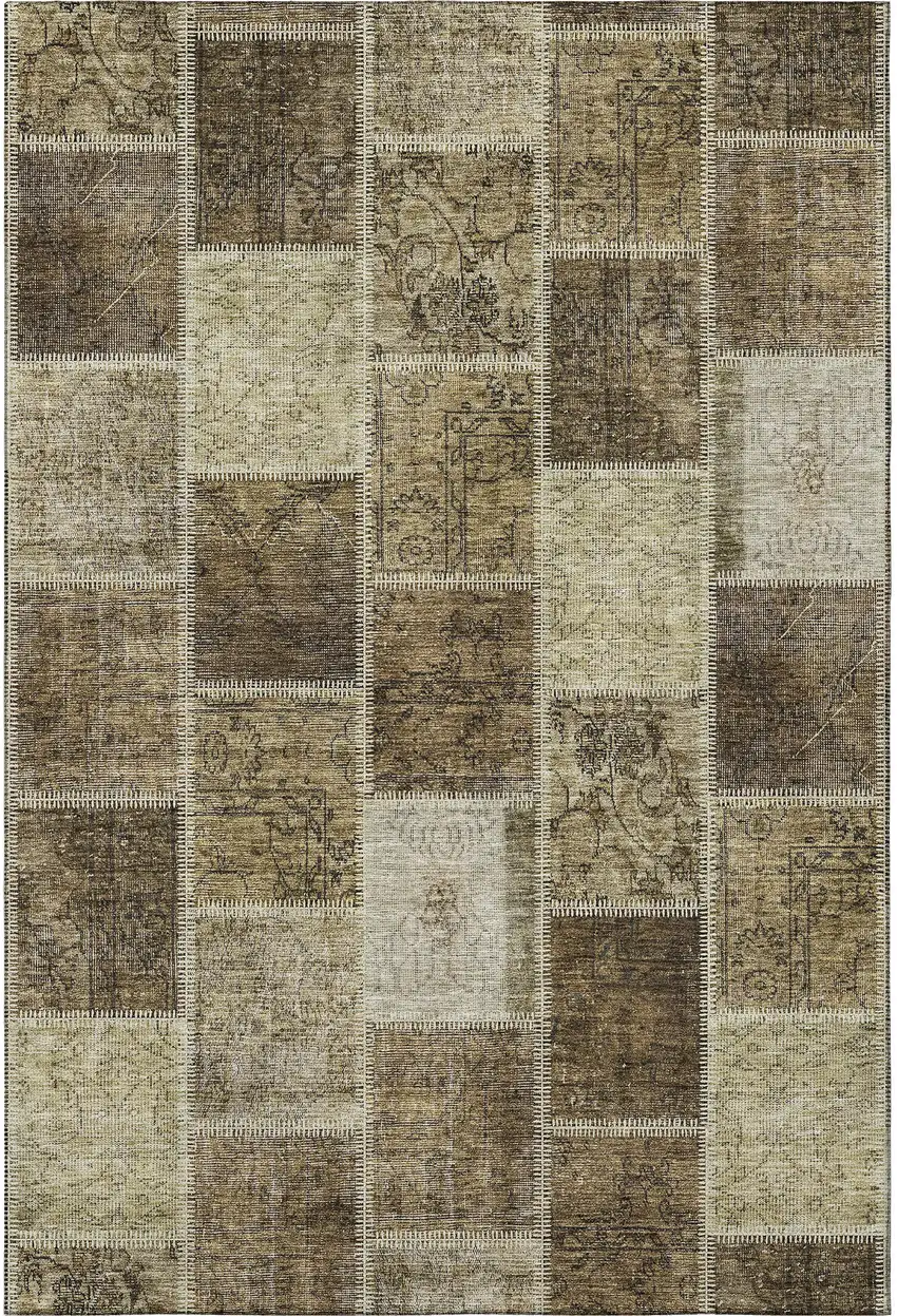 Brown And Beige Patchwork Washable Area Rug With UV Protection Photo 4