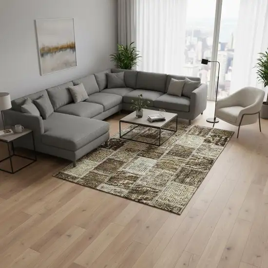 Brown And Beige Patchwork Washable Area Rug With UV Protection Photo 2