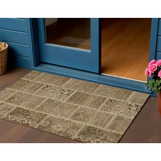 Brown And Beige Patchwork Washable Indoor Outdoor Area Rug Photo 1