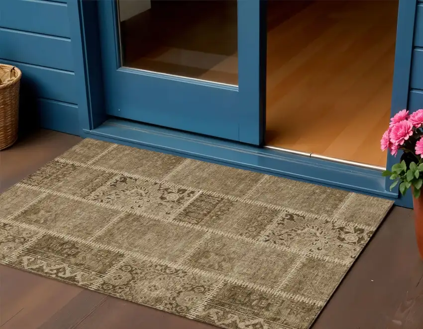 Brown And Beige Patchwork Washable Indoor Outdoor Area Rug Photo 1