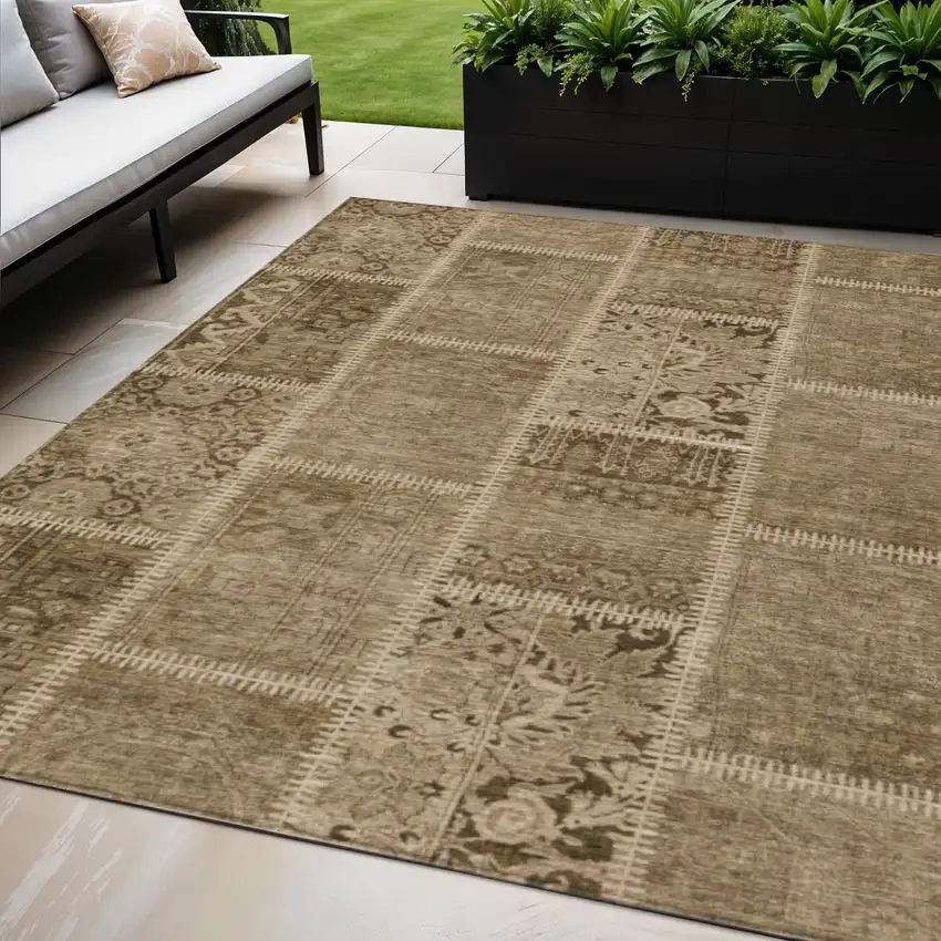 Brown And Beige Patchwork Washable Indoor Outdoor Area Rug Photo 1