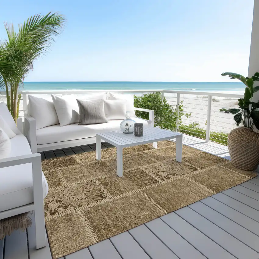 Brown And Beige Patchwork Washable Indoor Outdoor Area Rug Photo 6