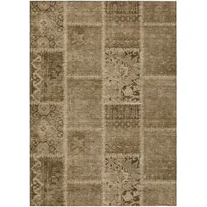 Photo of Brown And Beige Patchwork Washable Indoor Outdoor Area Rug