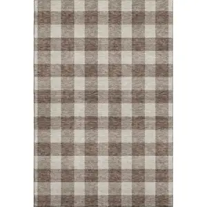 Photo of Brown And Beige Plaid Washable Area Rug With UV Protection