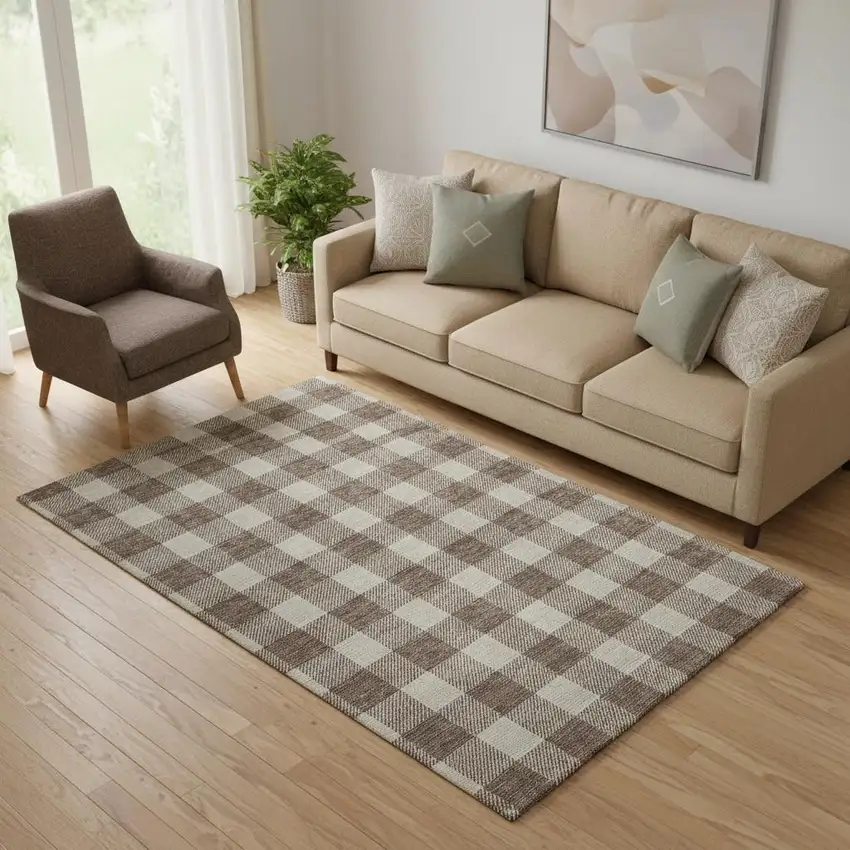 Brown And Beige Plaid Washable Area Rug With UV Protection Photo 1