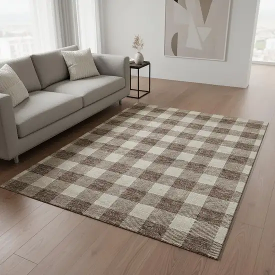 Brown And Beige Plaid Washable Area Rug With UV Protection Photo 2