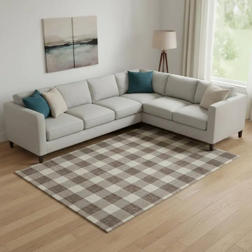Brown And Beige Plaid Washable Area Rug With UV Protection Photo 1