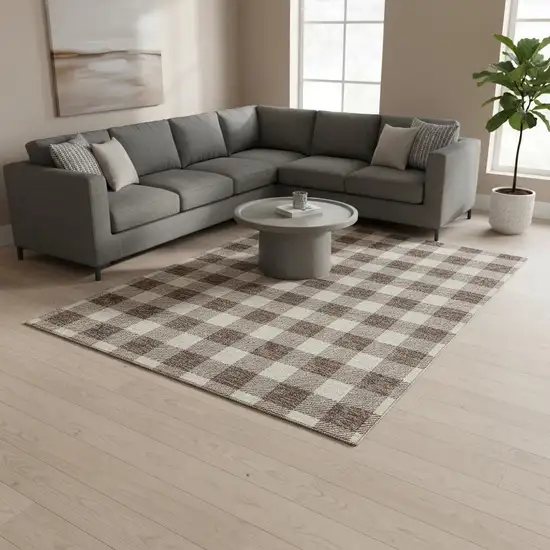 Brown And Beige Plaid Washable Area Rug With UV Protection Photo 2