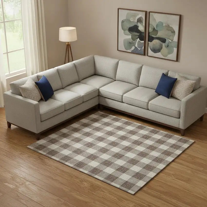 Brown And Beige Plaid Washable Area Rug With UV Protection Photo 1