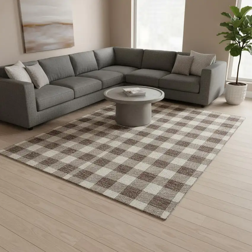 Brown And Beige Plaid Washable Area Rug With UV Protection Photo 2
