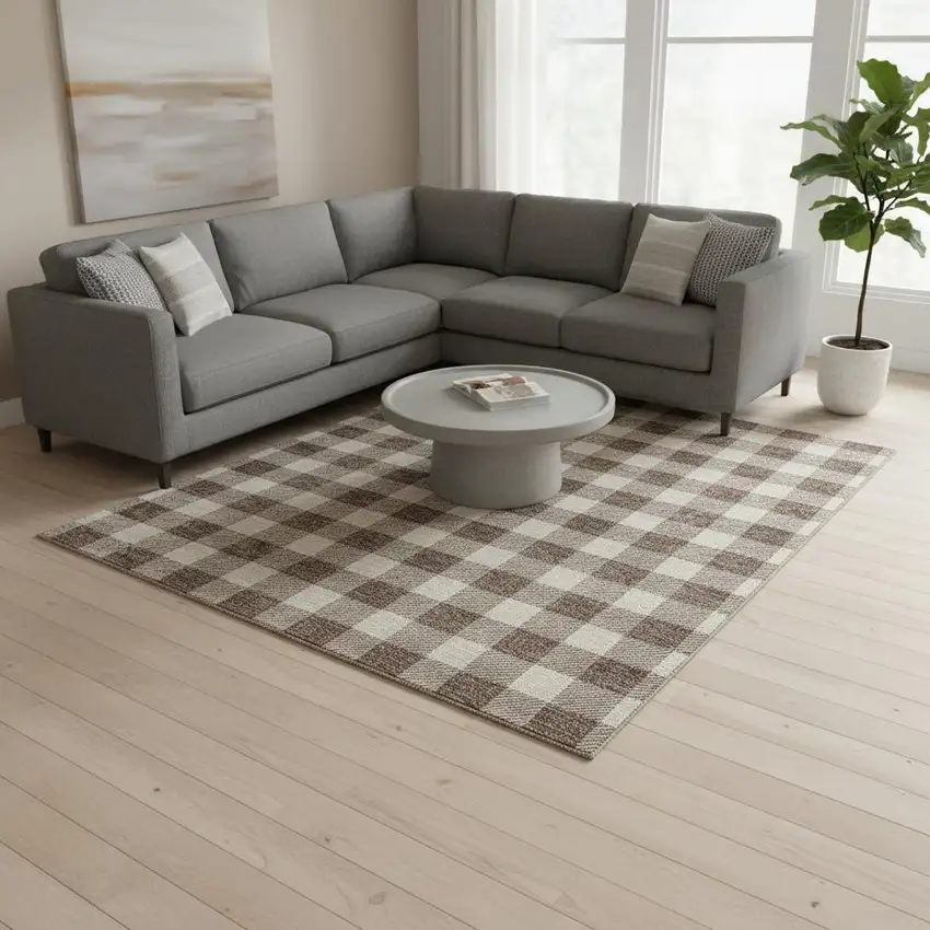 Brown And Beige Plaid Washable Area Rug With UV Protection Photo 2