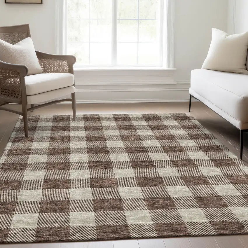 Brown And Beige Plaid Washable Area Rug With UV Protection Photo 5
