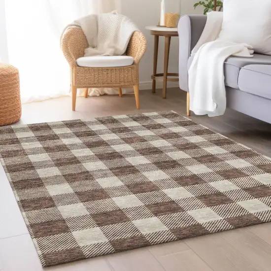 Brown And Beige Plaid Washable Area Rug With UV Protection Photo 4