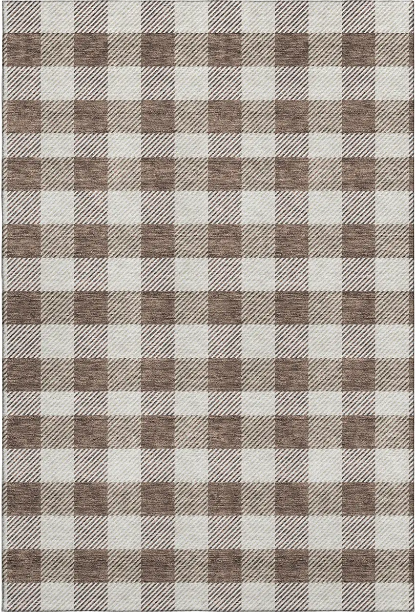 Brown And Beige Plaid Washable Area Rug With UV Protection Photo 1