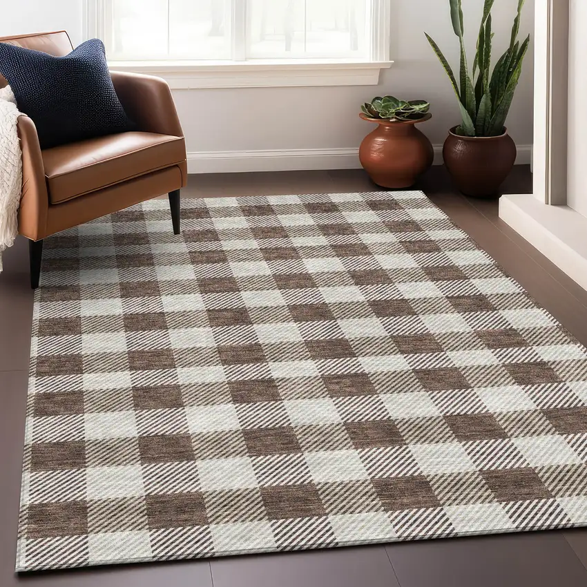 Brown And Beige Plaid Washable Area Rug With UV Protection Photo 4