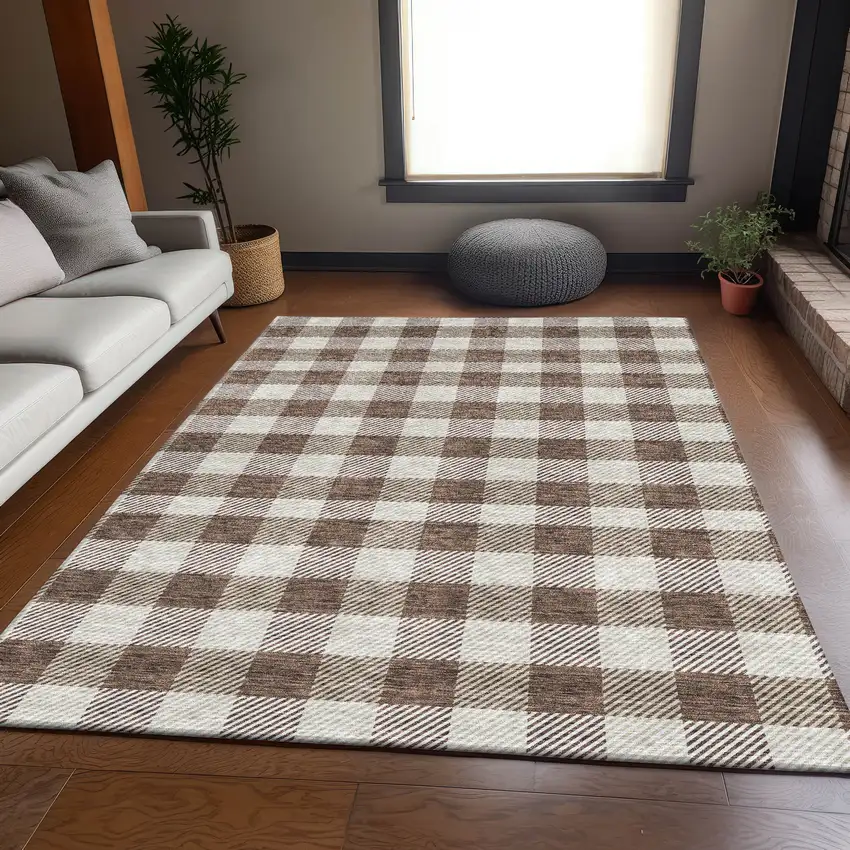 Brown And Beige Plaid Washable Area Rug With UV Protection Photo 5