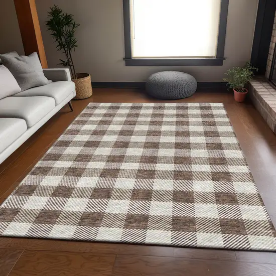 Brown And Beige Plaid Washable Area Rug With UV Protection Photo 5