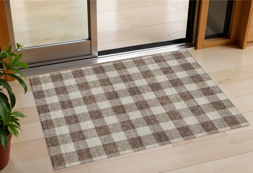 Brown And Beige Plaid Washable Indoor Outdoor Area Rug Photo 1
