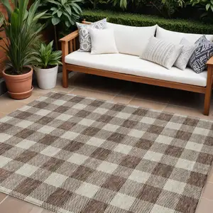 Photo of Brown And Beige Plaid Washable Indoor Outdoor Area Rug