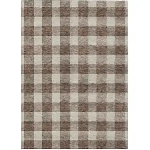 Photo of Brown And Beige Plaid Washable Indoor Outdoor Area Rug