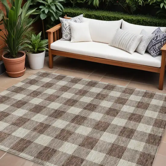 Brown And Beige Plaid Washable Indoor Outdoor Area Rug Photo 1