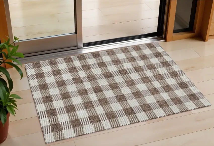 Brown And Beige Plaid Washable Indoor Outdoor Area Rug Photo 1
