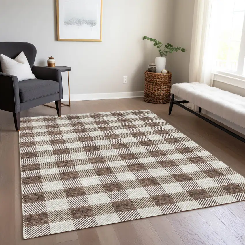 Brown And Beige Plaid Washable Indoor Outdoor Area Rug Photo 9