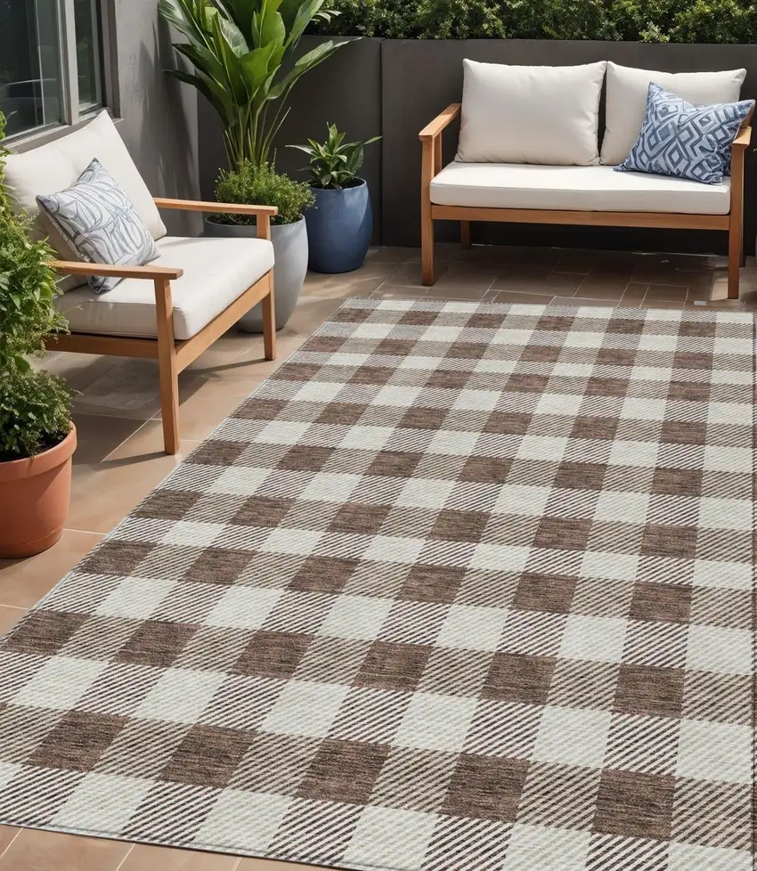 Brown And Beige Plaid Washable Indoor Outdoor Area Rug Photo 1