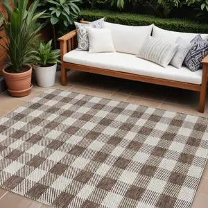 Photo of Brown And Beige Plaid Washable Indoor Outdoor Area Rug
