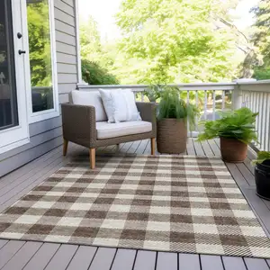 Photo of Brown And Beige Plaid Washable Indoor Outdoor Area Rug