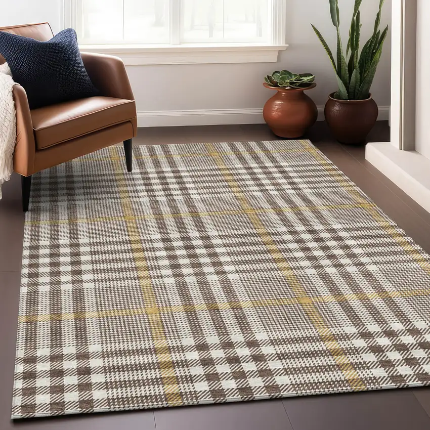 Brown And Beige Plaid Washable Indoor Outdoor Area Rug Photo 8