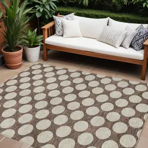 Photo of Brown And Beige Polka Dot Washable Indoor Outdoor Area Rug