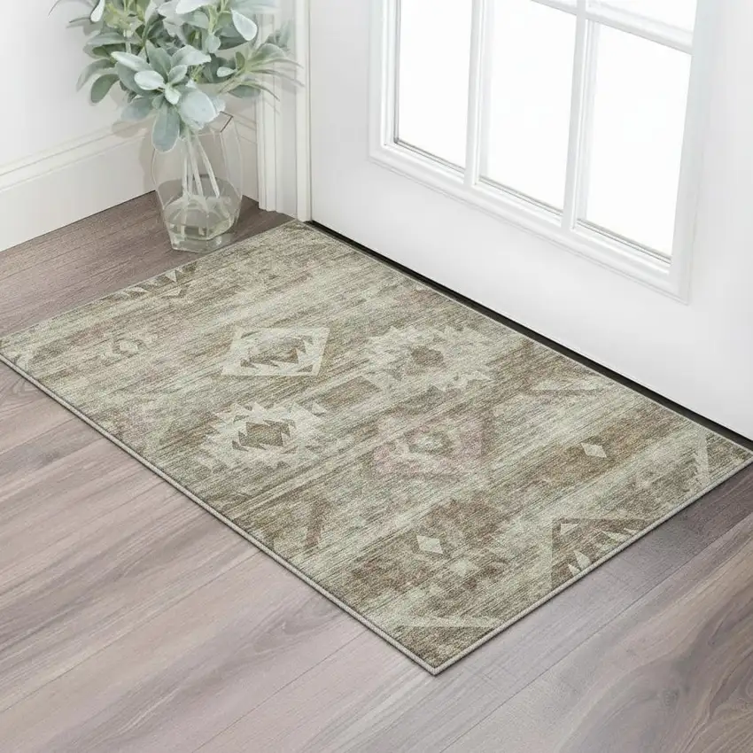 Brown And Beige Southwestern Washable Area Rug With UV Protection Photo 2