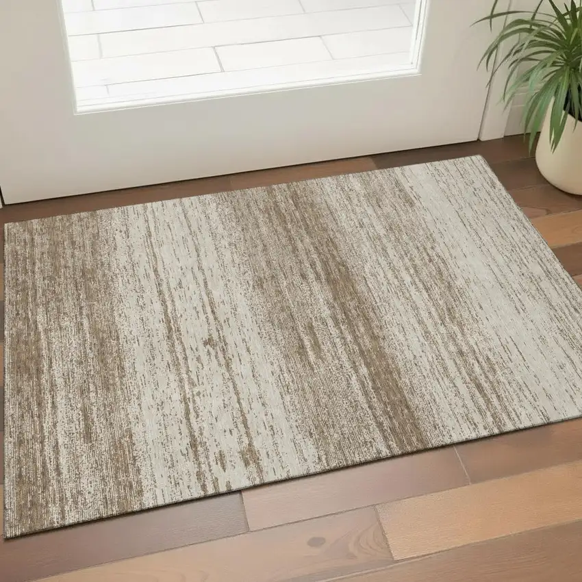 Brown And Beige Striped Washable Area Rug With UV Protection Photo 1