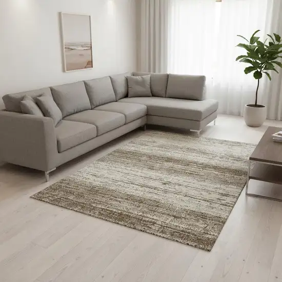 Brown And Beige Striped Washable Area Rug With UV Protection Photo 2