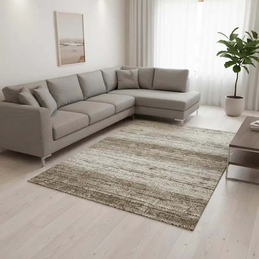 Brown And Beige Striped Washable Area Rug With UV Protection Photo 2