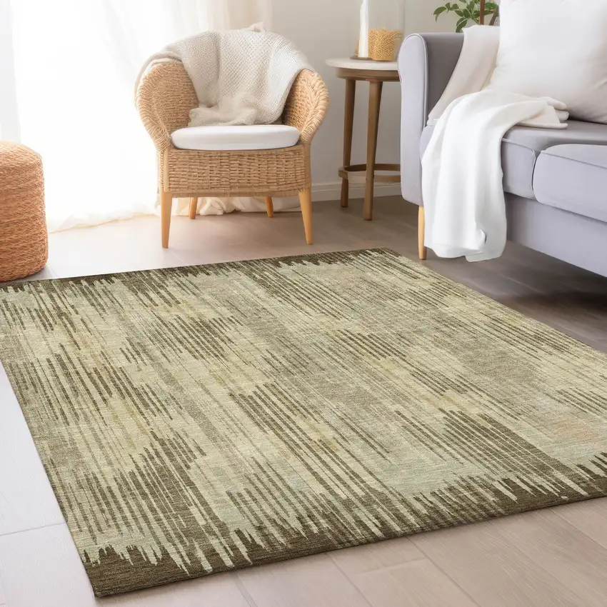 Brown And Beige Striped Washable Area Rug With UV Protection Photo 2