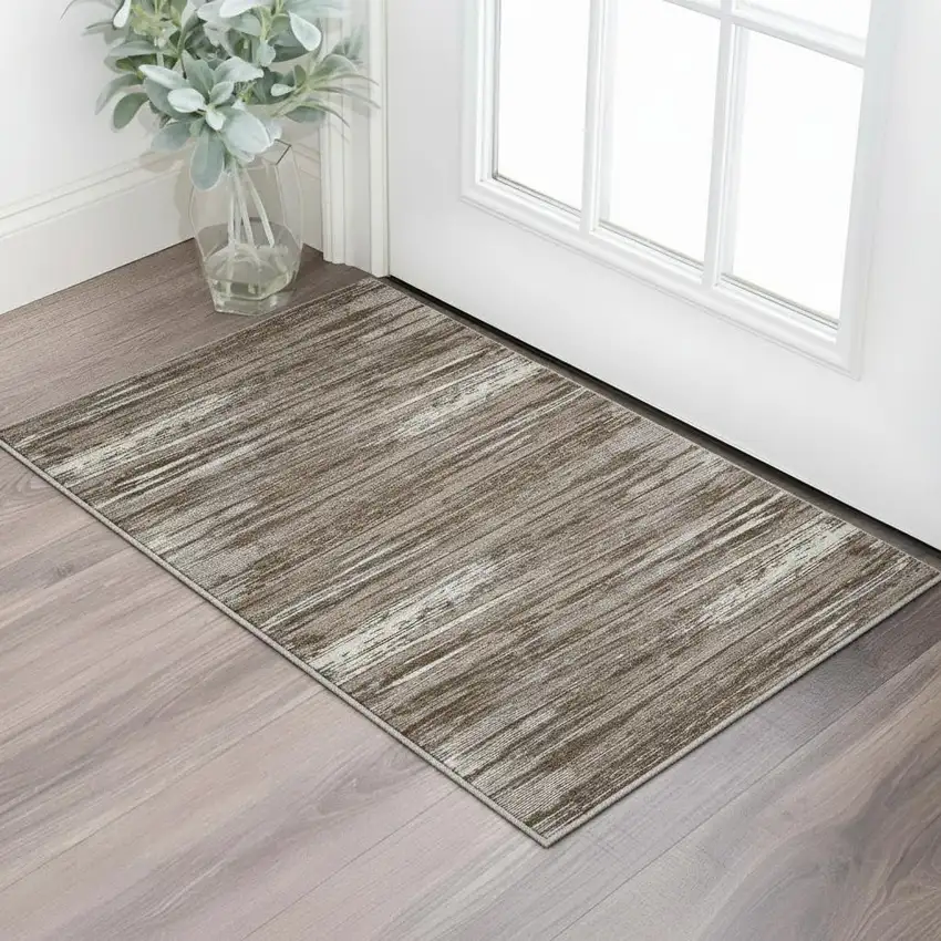 Brown And Beige Striped Washable Area Rug With UV Protection Photo 2