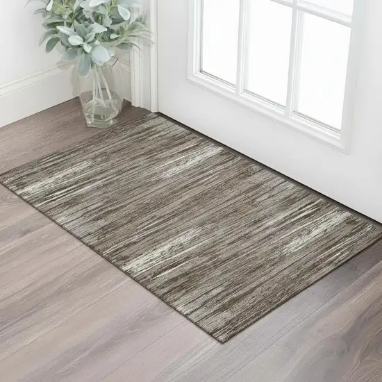 Brown And Beige Striped Washable Area Rug With UV Protection Photo 1