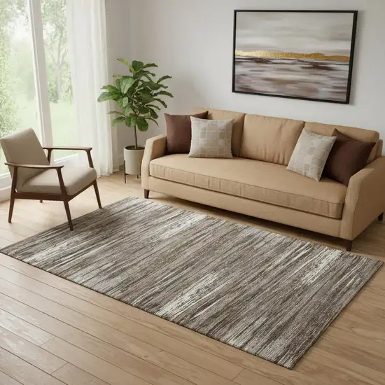 Brown And Beige Striped Washable Area Rug With UV Protection Photo 1