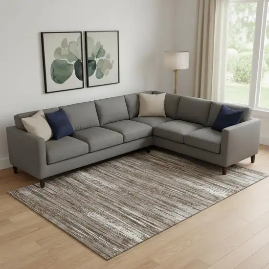 Brown And Beige Striped Washable Area Rug With UV Protection Photo 1