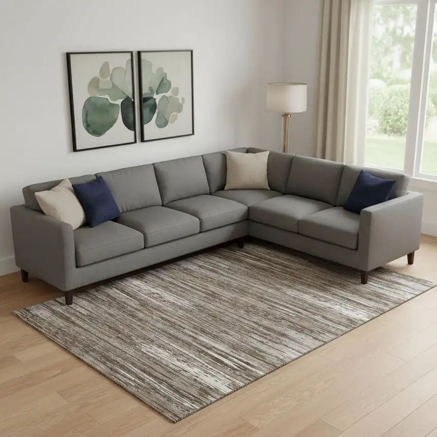 Brown And Beige Striped Washable Area Rug With UV Protection Photo 1