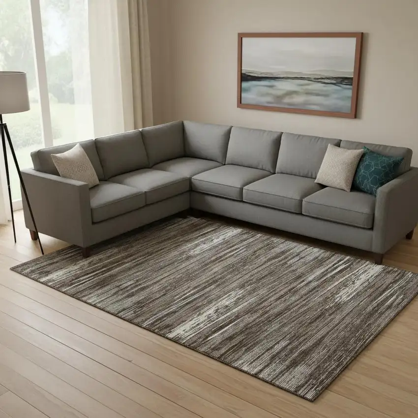 Brown And Beige Striped Washable Area Rug With UV Protection Photo 1