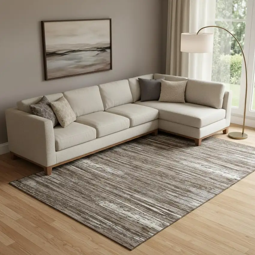 Brown And Beige Striped Washable Area Rug With UV Protection Photo 1