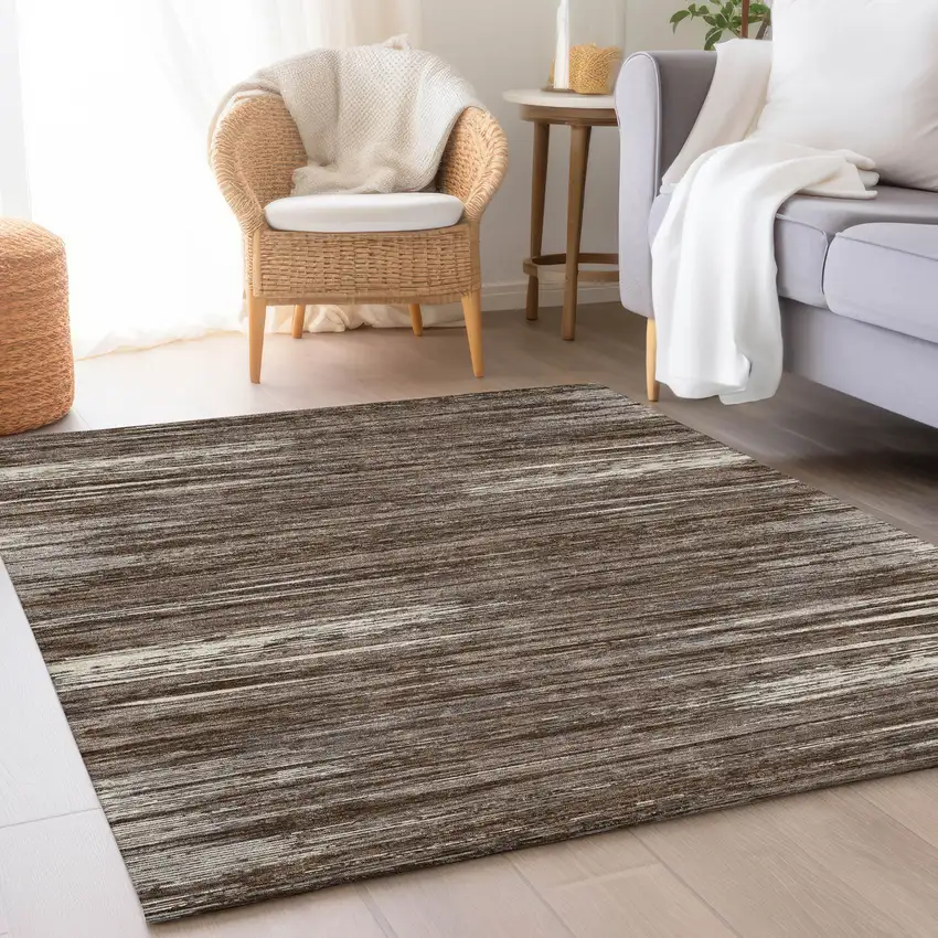 Brown And Beige Striped Washable Area Rug With UV Protection Photo 5