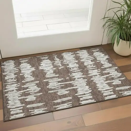Brown And Beige Striped Washable Area Rug With UV Protection Photo 1