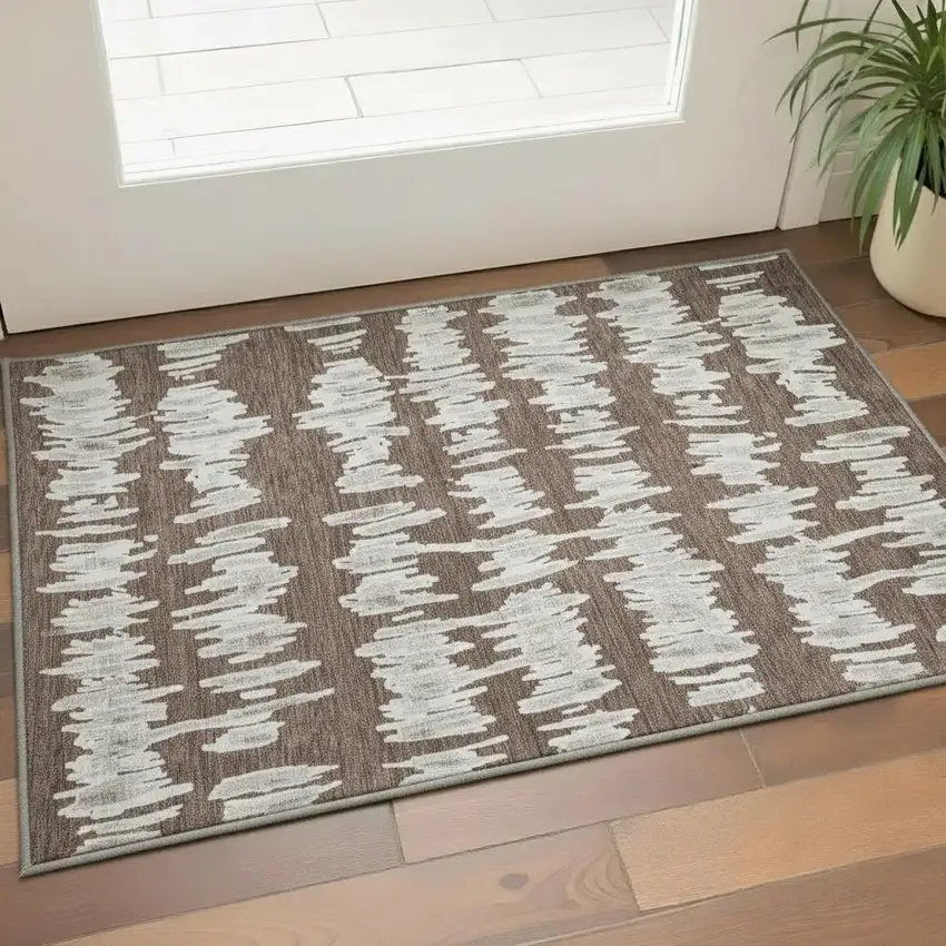 Brown And Beige Striped Washable Area Rug With UV Protection Photo 2